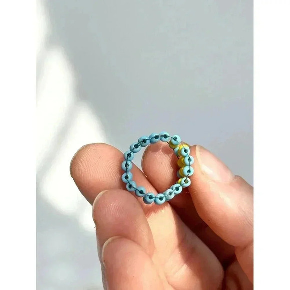 Vintage Handmade Blue & Yellow Beaded Tapered Shank Ring - Size 4 - Picture 7 of 8